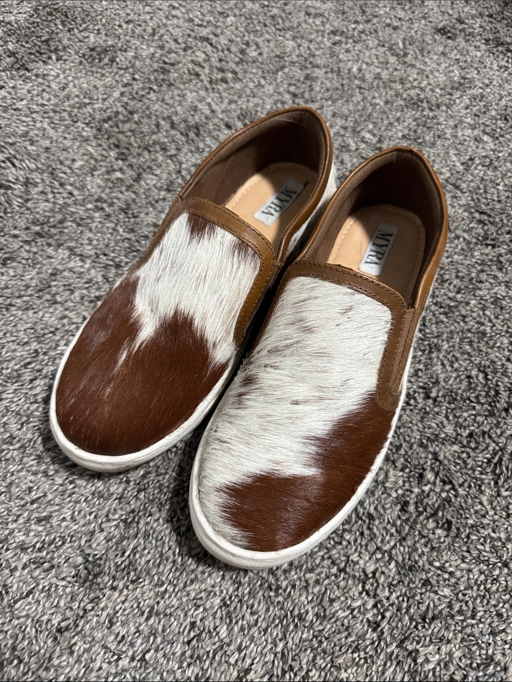 Myra Brown & White Cowhide Slip-On Sneakers